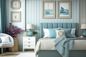 Coastal styled bedroom interior, sea decor and furniture, blue color, marine ocean style, generative ai