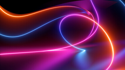 3d render, abstract black background with pink blue neon lines glowing in ultraviolet spectrum, modern wallpaper
