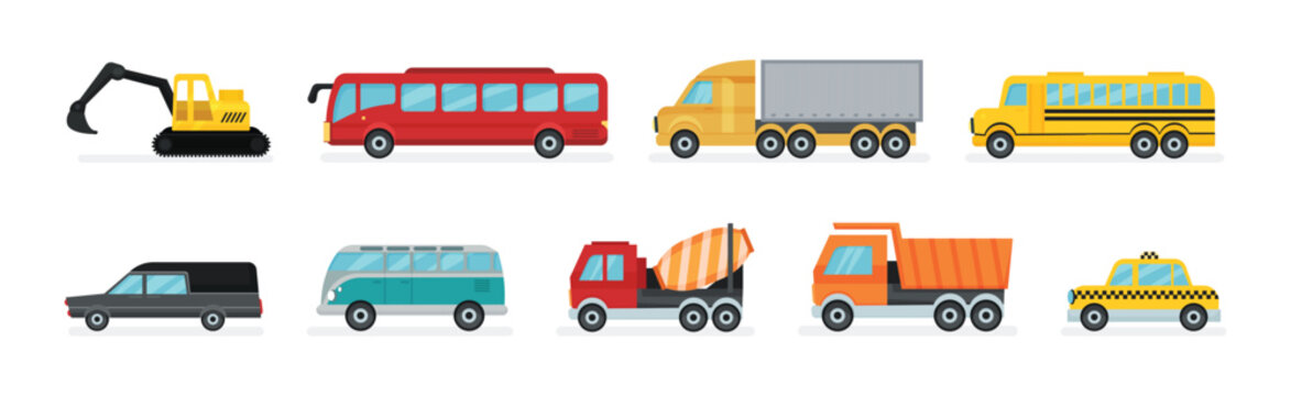 Truck and Bus as Wheeled Motor Vehicle Used for Transportation Vector Set