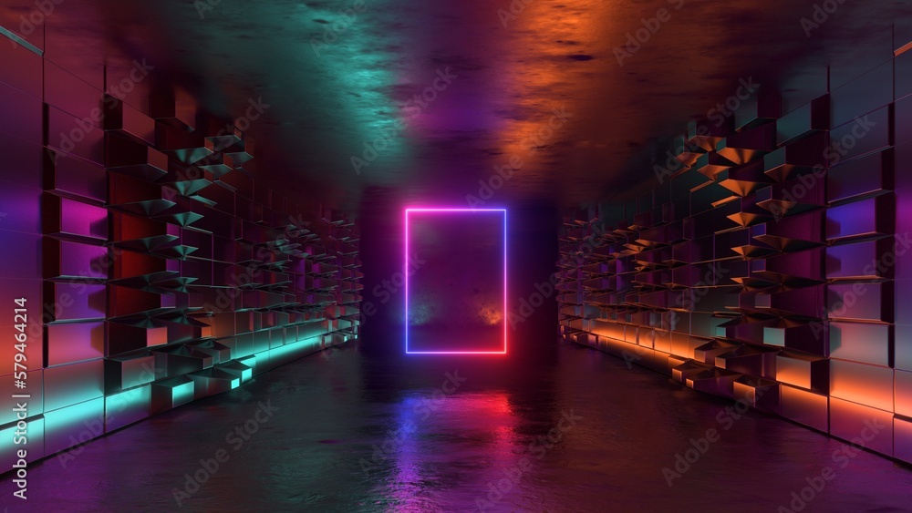 Poster 3d render. abstract background with glowing neon rectangular frame inside the dark empty room. futur