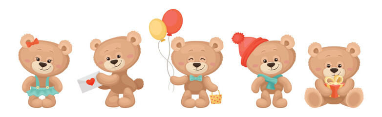 Cute Cartoon Teddy Bear Engaged in Different Activities Vector Set