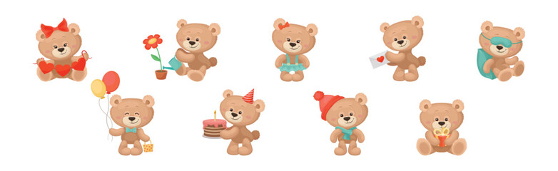 Cute Cartoon Teddy Bear Engaged in Different Activities Vector Set