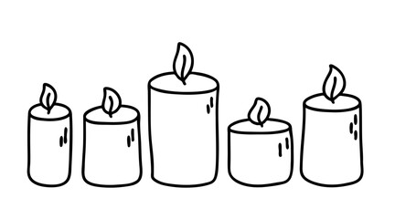 5 candles in different sizes. Decorative wax candles for relax and spa. Hand drawn Vector set