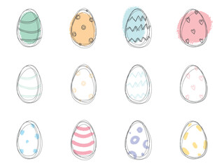 Handdrawn doodle vector Easter set. Greeting card for religious holiday. Minimalistic simple linear illustration. Line art egg with pattern. Brush stroke. Abstract drawing on transparent background.  