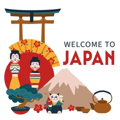 Invitation tourist banner. Welcome to japan, cultural travel and exploring countries, traditional symbols and attractions, vector poster.jpg