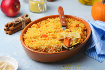 Millet Casserole with Pumpkin, Apples, and Cinnamon, Homemade Breakfast or Snack, Healthy Eating