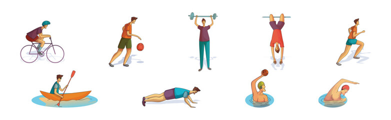 Man Character Doing Sport and Physical Activity Vector Set
