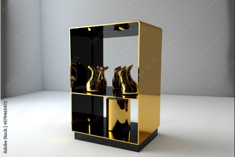 Poster 3d render of a black and gold stand in a studio setting