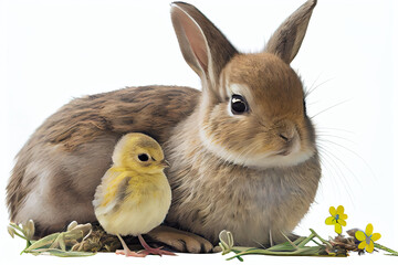 Fototapeta premium Easter bunny with a chicken on white background, Generative AI