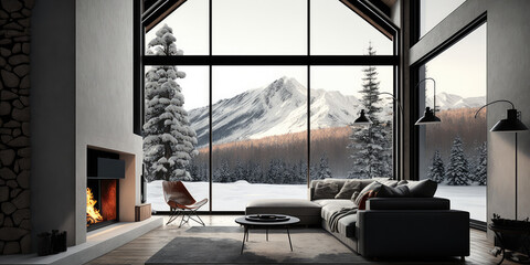 Modern living room with fireplace, forest chalet interior in Winter, snowy mountain view out of windows. Generative AI