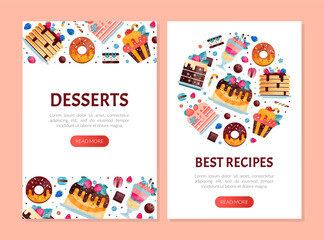 Tasty Dessert Design with Cake and Sweet Donut with Chocolate Vector Template