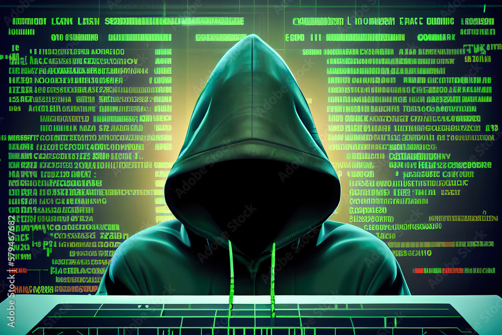 Poster hooded hacker against green background with computer code. generative ai
