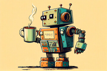 Friendly retro style robot bringing a cup of coffee. Generative AI