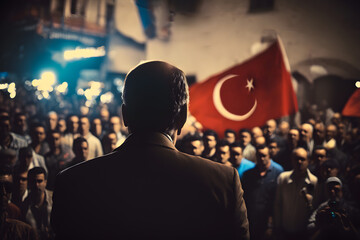 Presidential candidate speaks from stage of rostrum, agitating to vote for team, crowd voters against backdrop Turkish flags. Election campaign ahead of the elections to the authorities. Generative AI