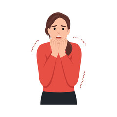 Plakat Afraid scared woman with shock expression on face vector illustration. Cartoon portrait of pretty nervous girl, terrified startled person with open mouth and frightened reaction