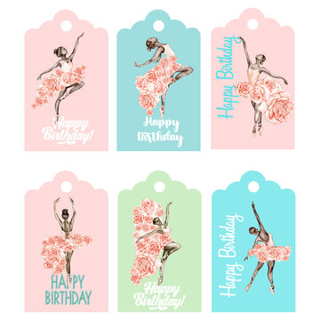Set of happy birthday tags. Illustration isolated on white background. Watercolor illustration of pink pretty ballerina.Template label set. Wedding cake design. Hand drawn design for baby party,cake.