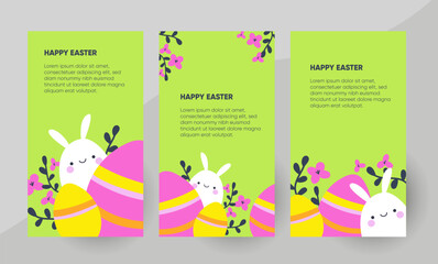 Happy Easter social media story template with Easter bunny and Easter eggs. Vector illustration in cartoon style for poster, banner or social media post.