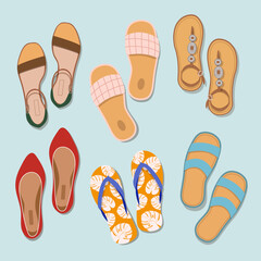Fototapeta premium Women's summer footwear. Set of vector illustrations. Colorful collection of summer sandals design elements. View from above.