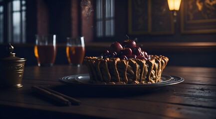 apple pie on a plate in a fancy restaurant generative ai