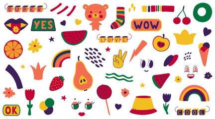 Fototapeta na wymiar Fun colorful stickers collection in kid core style. Simple and playful doodle set.