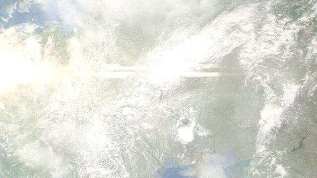 Earth zoom in from outer space to city. Zooming on Chernobyl, Kyiv region, Ukraine. The animation continues by zoom out through clouds and atmosphere into space. Images from NASA