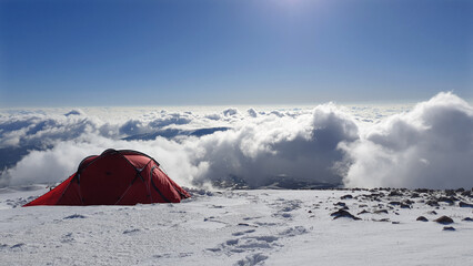 Camp with the magnificent "sea of clouds" at Erciyes Mountain in Turkey's Kayseri