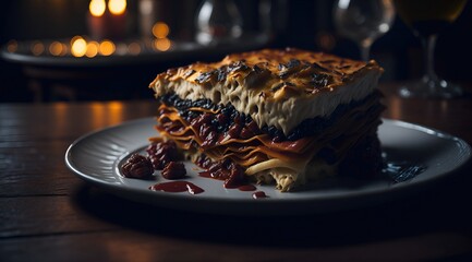 Lasagne on a plate in a fancy restaurant, generative ai