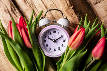 Alarm clock in tulip flowers on wooden background. Concept of time as gift, congratulations, onset...