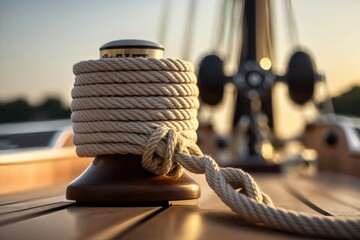 Closeup image of ropes lying on the wooden deck. AI Generation - obrazy, fototapety, plakaty