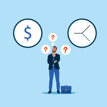 Businessman making choice between money and time. Modern vector illustration in flat style