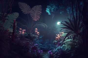 Obraz na płótnie Canvas Nocturnal marine habitat with lunar glow, coral reef, and underwater jungle