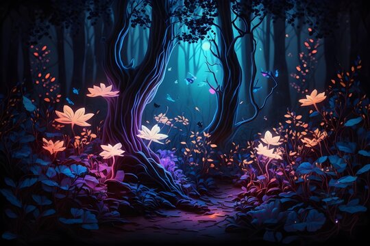 leuchtende Blumen im Wald, Zauberwelt mystische Stimmung, Wallpaper Hintergrund, kreative Illustration