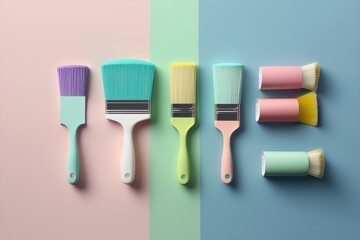 Brushes with wooden handles and paint on a blue pastel background. Renovation concept. AI generation