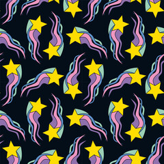 1970 disco hippie groovy shooting stars on dark. Falling stars with rainbow wavy tail doodle seamless pattern. Perfect for cover y2k retro party textile wallpaper fabric posters. Vector illustration.