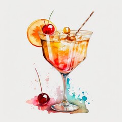 Watercolor illustration of an exotic cocktail isolated on white background. Digital art of an alcoholic tropical drink in a cocktail glass. Generative AI art.