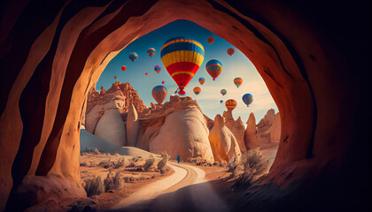 Flying baloons in Cappadokia, Turkey - obrazy, fototapety, plakaty