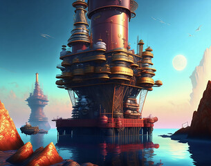 Steampunk oil platform. Generative AI