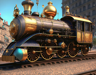 Old steam gold locomotive. Generative Ai