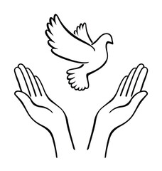 open hands with flying peace dove