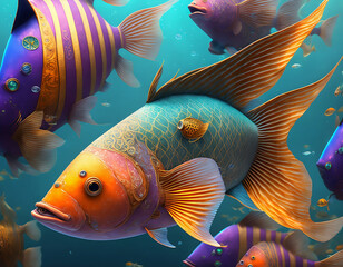 Digital fish in aquarium. Generative AI