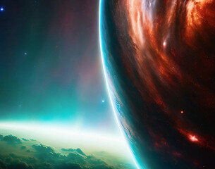 Planet in space during colorful and luminescent storm