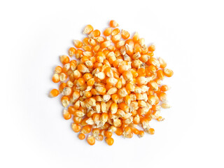 Raw dry orange colour popcorn grains,seeds isolated on white background.Pile of Raw uncooked dry corns.Popcorn kernels.