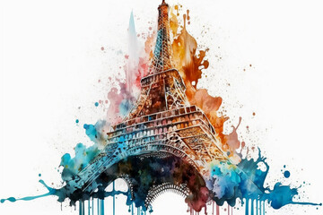 Motley Eiffel tower with watercolors.White isolated background.Created with generative ai