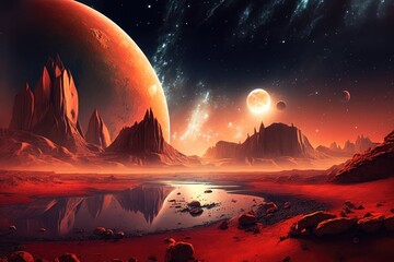 Alien Planet - A Fantasy Landscape with red skies and stars. AI Generation