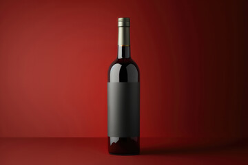 Wine Bottle mockup on red background with blank labels. AI Generation
