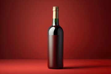 Wine Bottle mockup on red background with blank labels. AI Generation