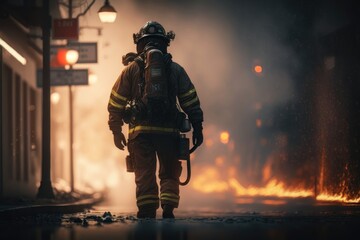 Focus of firefighter with water hose extinguishing fire on street. AI Generation