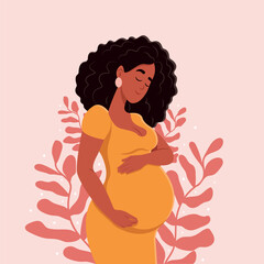 Healthy pregnancy. Beautiful pregnant black woman hugs her belly. The concept of pregnancy and motherhood. Healthy pregnancy. Vector flat illustration.