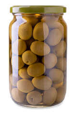 Large brined green olives in glass jar