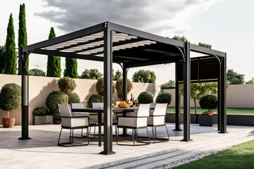 Modern patio furniture includes a pergola shade structure, an awning, a patio roof, a dining table, seats, and a metal grill	 - obrazy, fototapety, plakaty